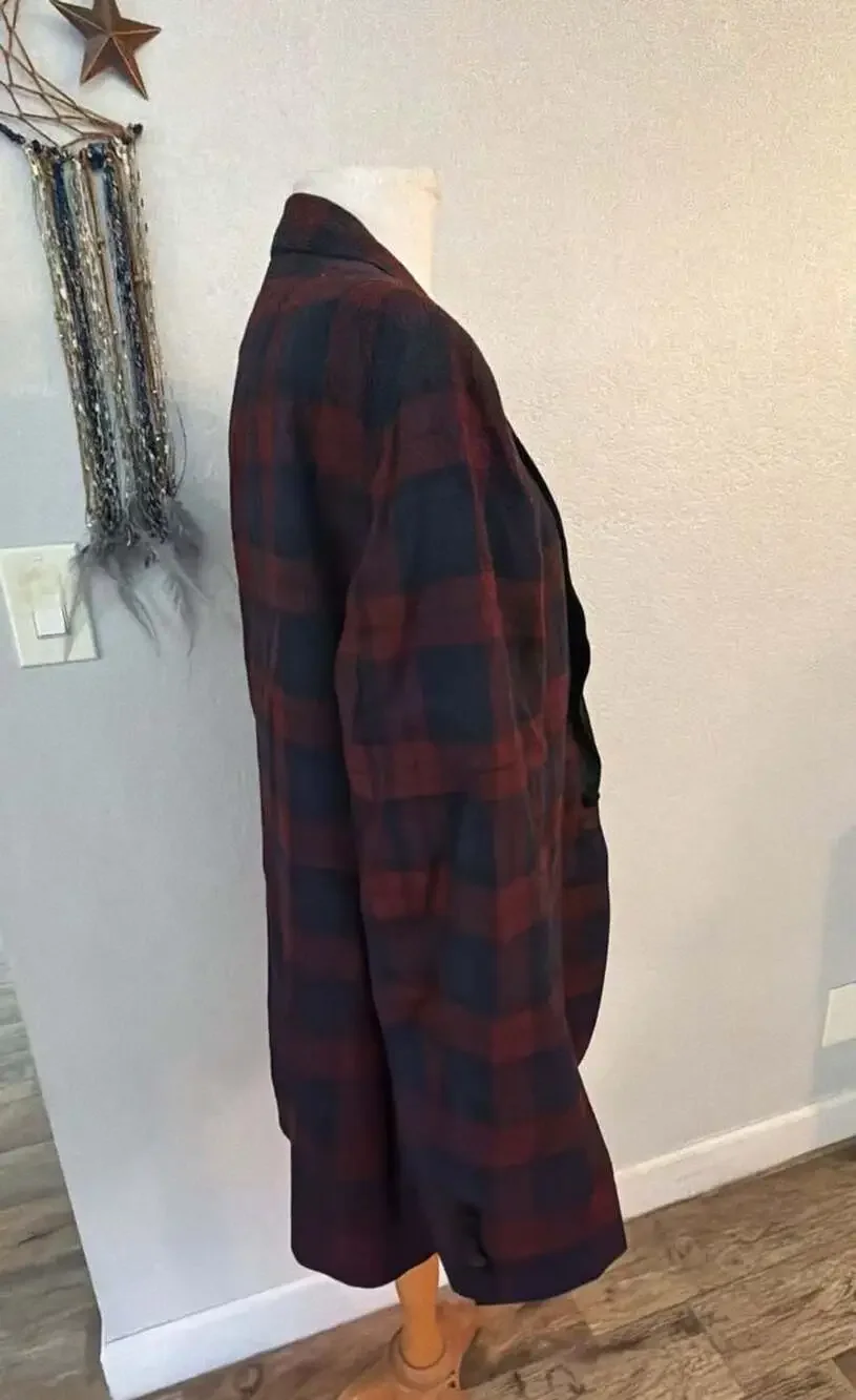 Nordstrom Plaid Tuxedo Dinner Jacket Burgundy Black Satin Shawl Collar